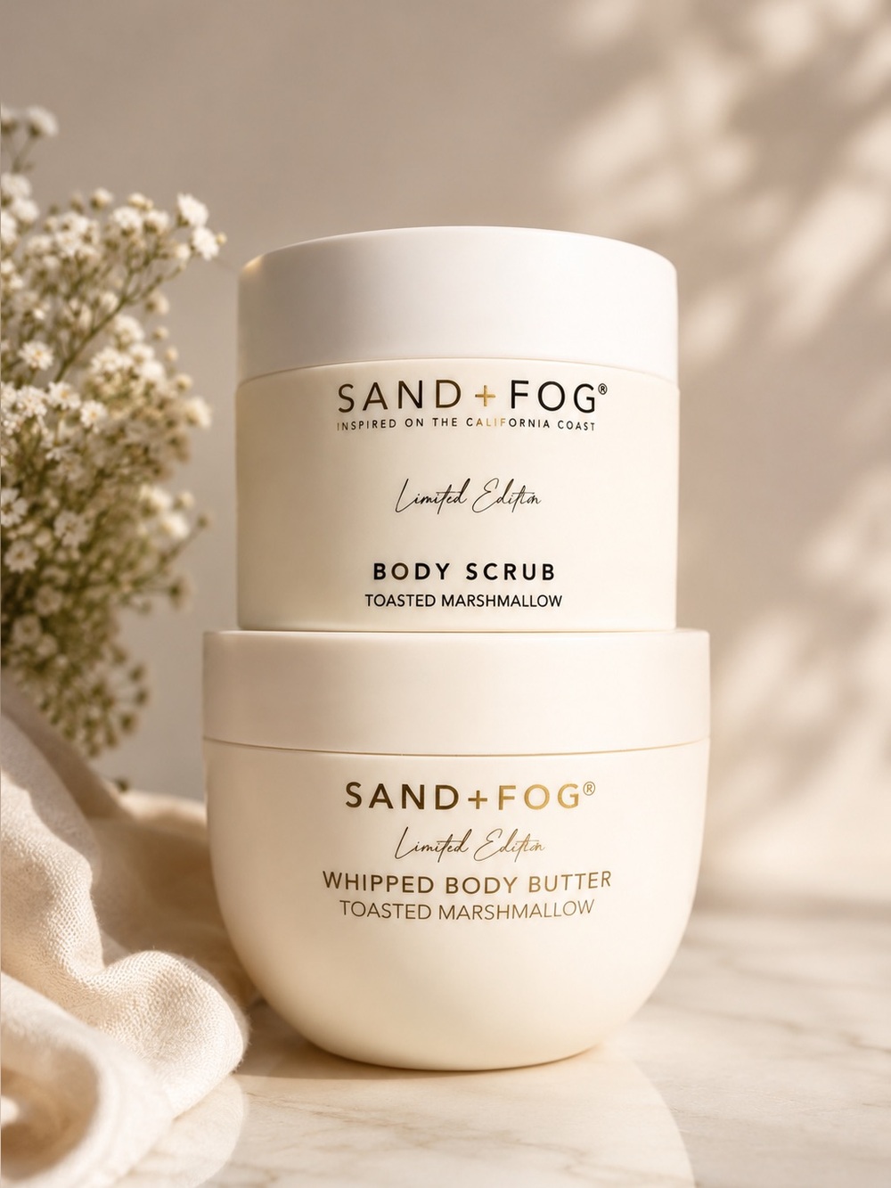 SAND + FOG Toasted Marshmallow Whipped Body Butter & Body Scrub limited edition